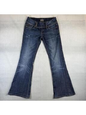 VTG Y2K REROCK for Express Flare Jeans Womens 6 Blue Low Rise Triple Button